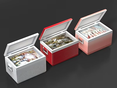 Colorful Open Top Freezer Cabinets Filled With Frozen Food Items 3d model