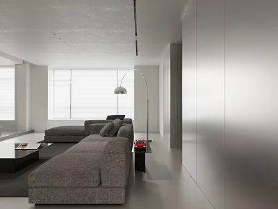 Modern Living Dining Room With Gray Sofa White Walls Floor To Ceiling Windows And Floor Lamp 3d model