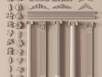 Ornate Architectural Components Set With Columns Floral Motifs And Intricate Carvings 3d model