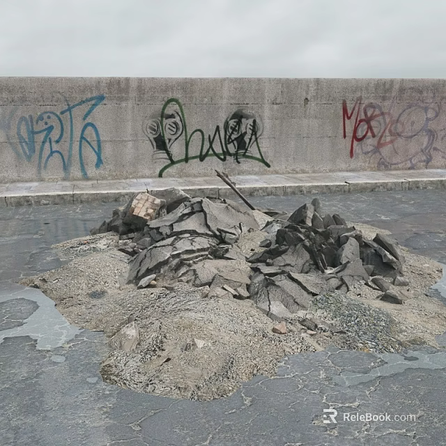 Stone and Wood Debris Pile in Front of Graffiti Wall on Concrete Ground 3d model 