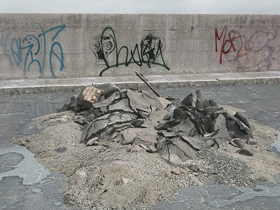 Stone and Wood Debris Pile in Front of Graffiti Wall on Concrete Ground 3d model