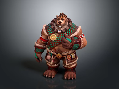 Tribal Bear Warrior in Green Brown Attire with Chest Medallion and Arm Straps 3d model