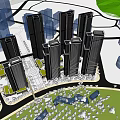 Modern High Rise Buildings With Glass Facades In Urban Cityscape And Greenery