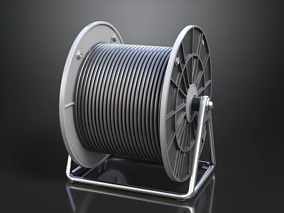 Gray Cable Reel With Metal Stand On Black Background Smooth Glossy Surface 3d model