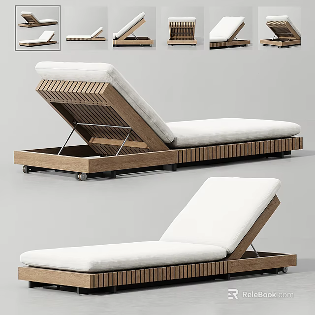 Modern Slatted Wooden Frame Lounge Chair With White Padded Cushion And Adjustable Backrest 3d model 