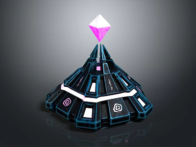 Futuristic Cosmic Spacecraft Structure With Purple Diamond Top And Blue Tech Design 3d model