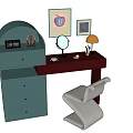 Dressing Table with Blue Cabinet Red Top Table Lamp Headphones White Chair and Framed Art