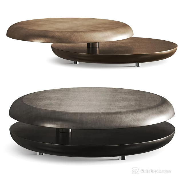 Modern Circular Two Tiered Coffee Table With Wooden And Metal Surfaces In Brown And Black 3d model 