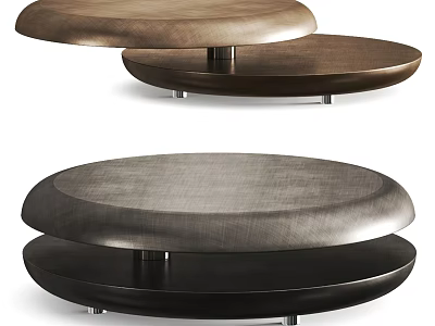 Modern Circular Two Tiered Coffee Table With Wooden And Metal Surfaces In Brown And Black 3d model
