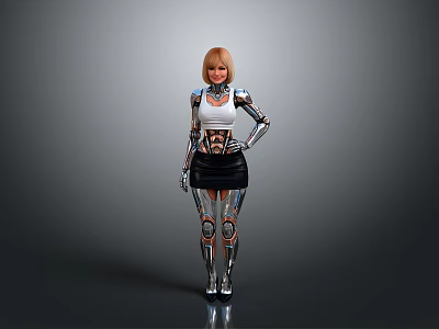 Blonde Female Robot With White Top Black Skirt And Metallic Mechanical Limbs On Gray Background 3d model