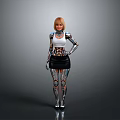 Blonde Female Robot With White Top Black Skirt And Metallic Mechanical Limbs On Gray Background