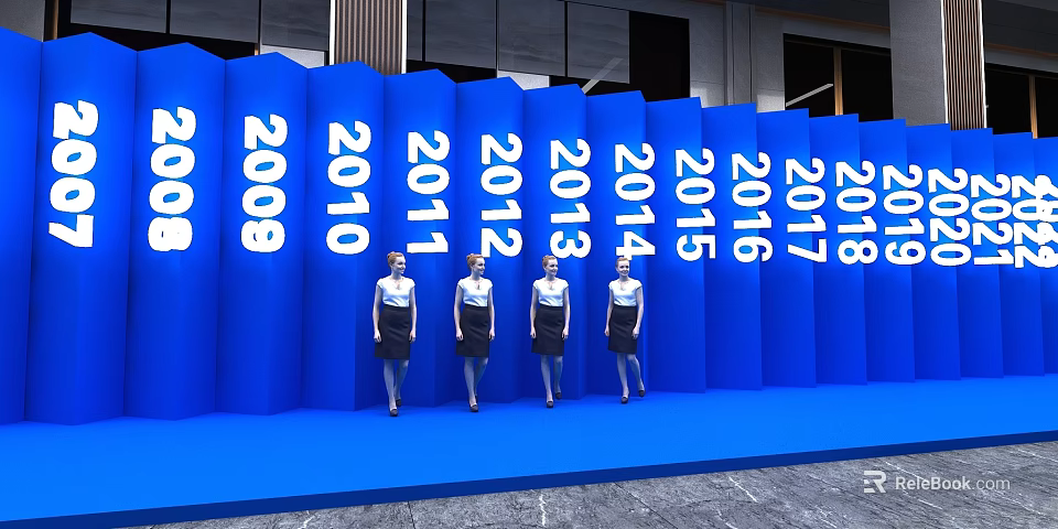 Blue Backdrop Photo Check In Spot With Year Numbers And Women In Uniforms 3d model 