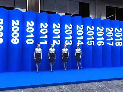 Blue Backdrop Photo Check In Spot With Year Numbers And Women In Uniforms 3d model
