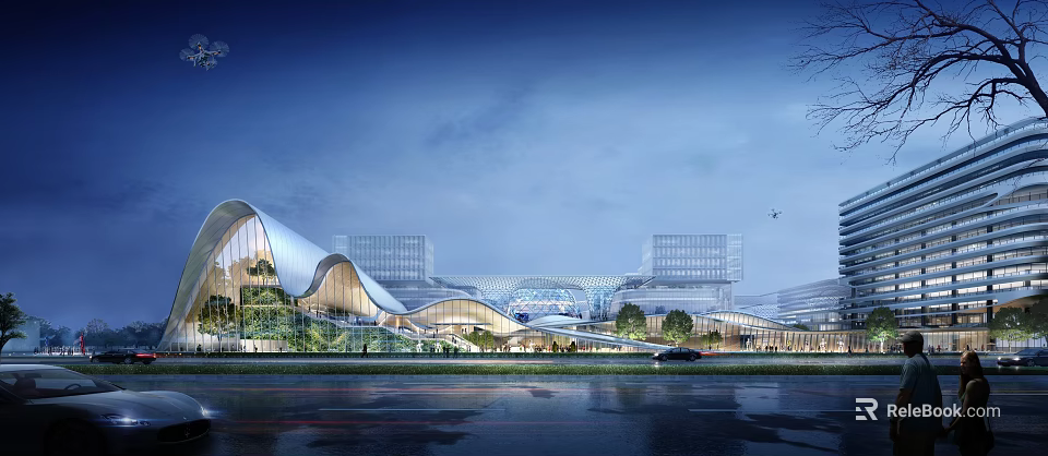 Modern Architectural Complex With Curved Roof Glass Structure And Water Reflection Evening Scene 3d model 