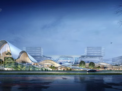Modern Architectural Complex With Curved Roof Glass Structure And Water Reflection Evening Scene 3d model