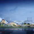Modern Architectural Complex With Curved Roof Glass Structure And Water Reflection Evening Scene