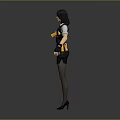 3D Rendered Woman Wearing Black Skirt White Shirt Vest Yellow Accents Tights Heels Gloves