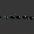 Small Black Furry Creatures With Eyes And Legs Holding Colorful Objects On Gray Reflective Surface