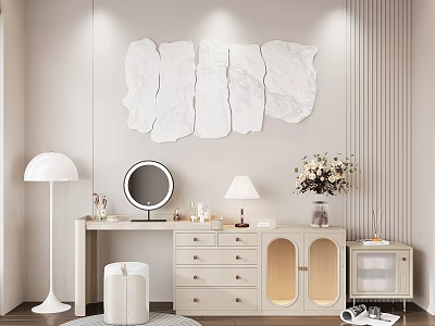 Modern Beige Dressing Table With Round Mirror Table Lamp And Marble Wall Decor 3d model