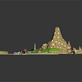 Scenic 3D Landscape With Green Lawn Cluster Of Buildings Circular Plaza And Paths