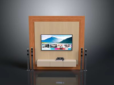 Modern TV Wall Unit Design With Flat Screen TV Wooden Panel And Metal Columns 3d model