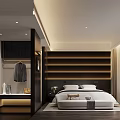 Modern Hotel Guest Room With Dark Wood Paneling Ambient Lighting White Bedding And Stylish Bench