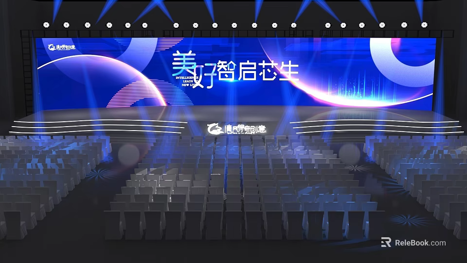 Modern Smart Stage Design With Blue Lighting Circular Elements And Audience Seats 3d model