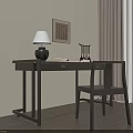 Chinese Style Wooden Desk With Table Lamp Chair And Wall Painting