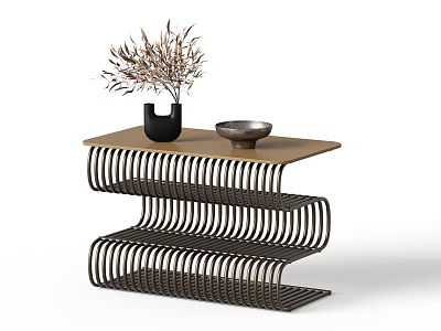 Modern Spiral Metal Side Table With Light Brown Top Black Vase Dried Plants Silver Bowl 3d model