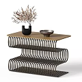 Modern Spiral Metal Side Table With Light Brown Top Black Vase Dried Plants Silver Bowl