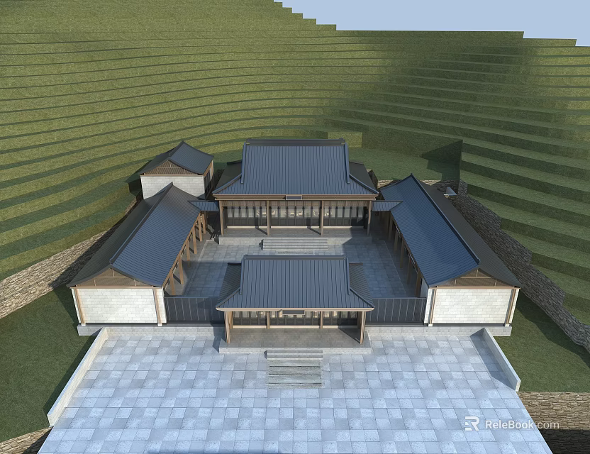 Traditional Ancient Architecture Courtyard With Classic Roof Stone Paved Ground And Green Hillside 3d model 