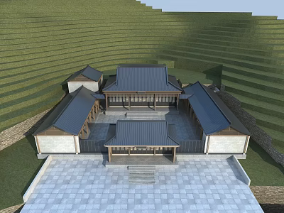 Traditional Ancient Architecture Courtyard With Classic Roof Stone Paved Ground And Green Hillside 3d model