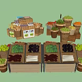 Fresh Produce Display Shelves with Fruits Vegetables Woven Baskets and Packaged Goods