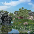 Tranquil Chinese Garden Landscape With Rock Formations Pond Lotus Flowers Pine Trees And Traditional Buildings