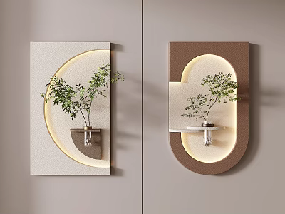 Modern Two Tone Geometric Wall Decor with Built-in LED Lighting and Small Decorative Green Plant 3d model