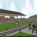 Rural Landscape with Wooden Pavilion Black Tiled Roof Green Lawn Stone Path Lanterns Outdoor Furniture