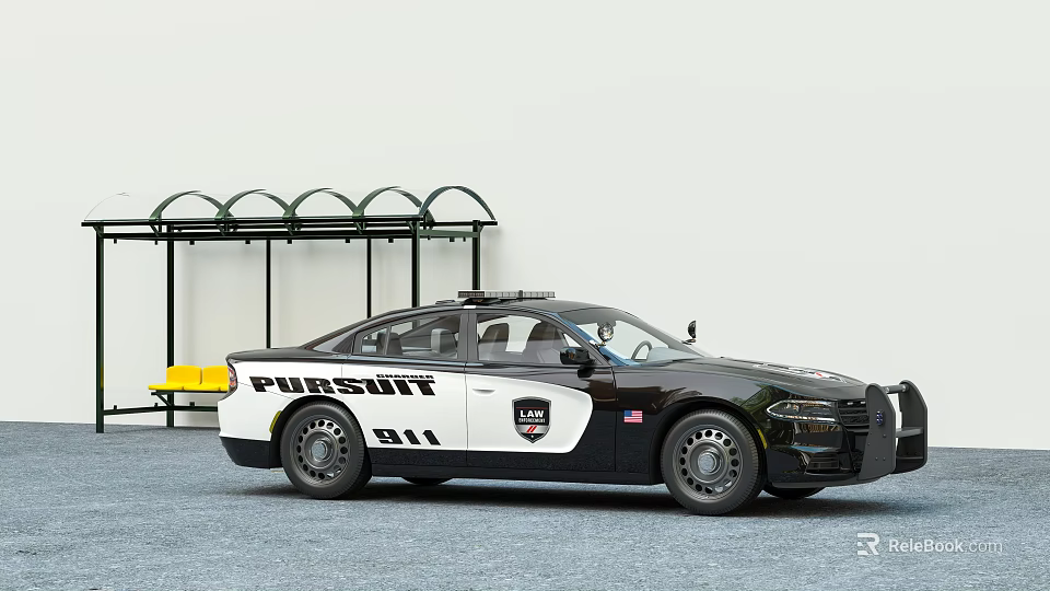 Police Pursuit Function Vehicle With 911 Logo Emergency Lights And Bus Shelter 3d model 