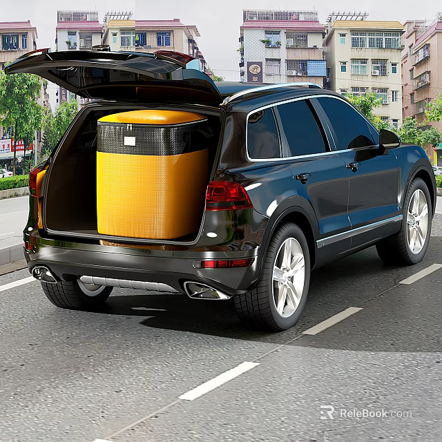 Black SUV With Open Trunk Carrying Large Yellow Box On Urban Street 3d model 