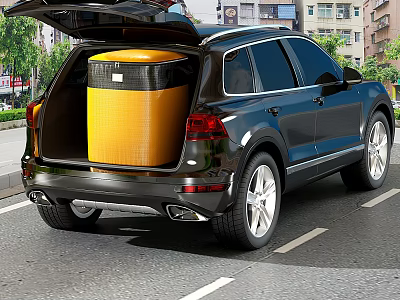 Black SUV With Open Trunk Carrying Large Yellow Box On Urban Street 3d model