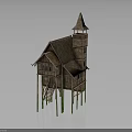 Traditional Wooden Stilt House With Pointed Tower Thatched Roof And Green Stilts