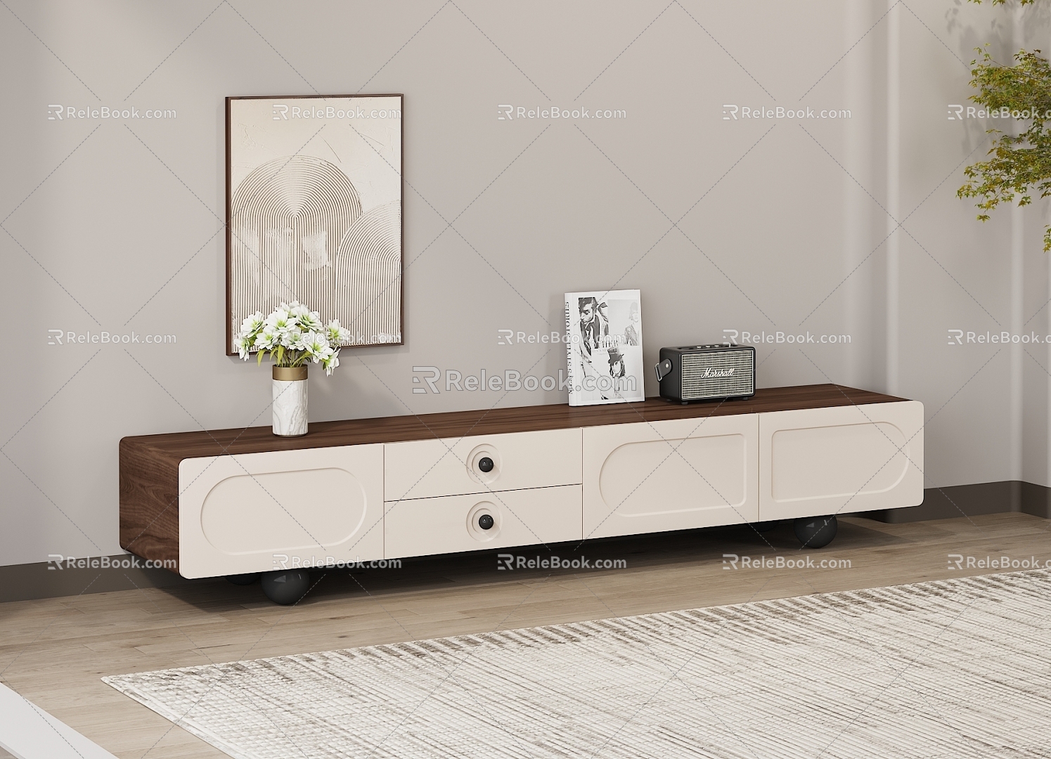 TV Cabinet Cream Style Walnut Modern Cream White Vase Audio Hanging Painting Decorative Painting Green Plant Carpet Floor Cabinet Storage Cabinet Cabinet 3d model