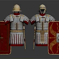 Ancient Roman Soldier Armor With Red Shields And Historical Military Gear
