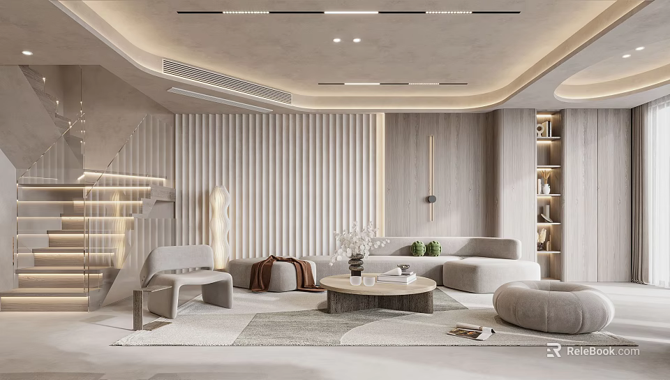 Minimalist Living Room Interior With Curved Sofa Coffee Table And Wooden Panel Walls 3d model 