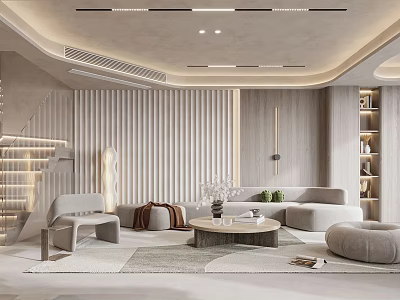 Minimalist Living Room Interior With Curved Sofa Coffee Table And Wooden Panel Walls 3d model
