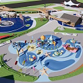 Urban Park Landscape With Green Lawns Pathways Play Areas And Water Features