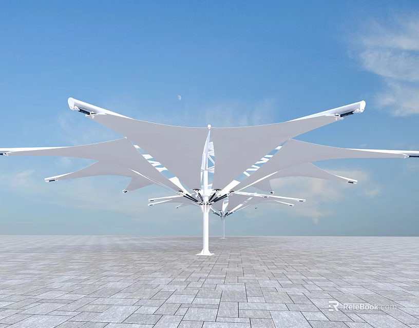 Modern White Shade Sail With Extended Arms In Open Plaza Tensile Design 3d model 