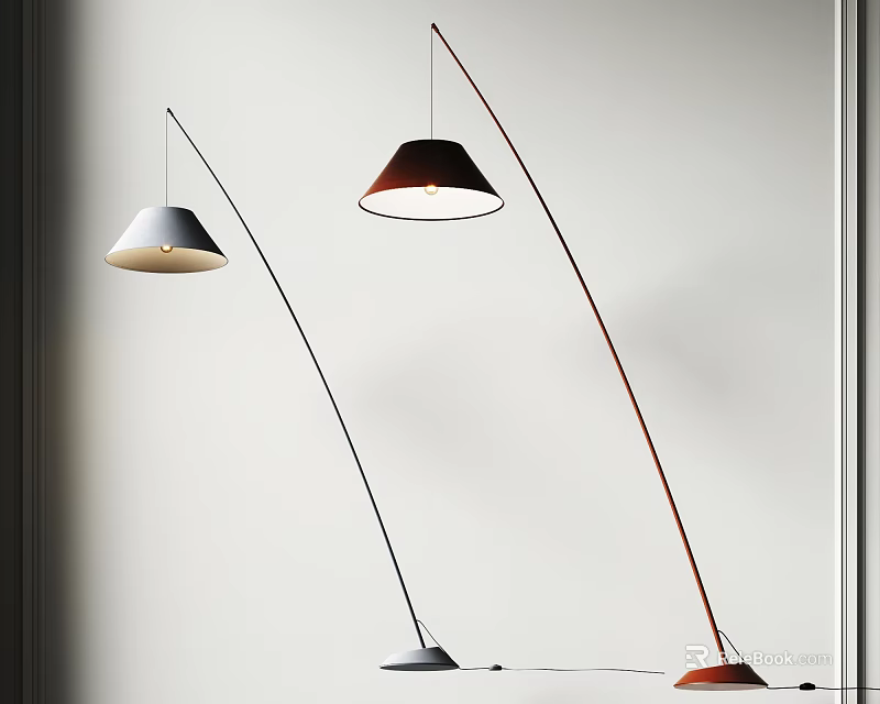 Modern Arched Floor Lamps With Conical Shades Different Colors And White Wall Background 3d model 