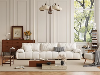 Elegant Living Room Interior Design With White Sofa Wooden Coffee Table Chandelier And Large Window 3d model