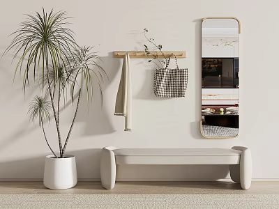 Modern Luxury Shoe Cabinet Design With Entryway Mirror Bench And Green Plants 3d model