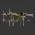 Outdoor Camping Scene With Canvas Tents Wooden Frames Crates And Green Plants